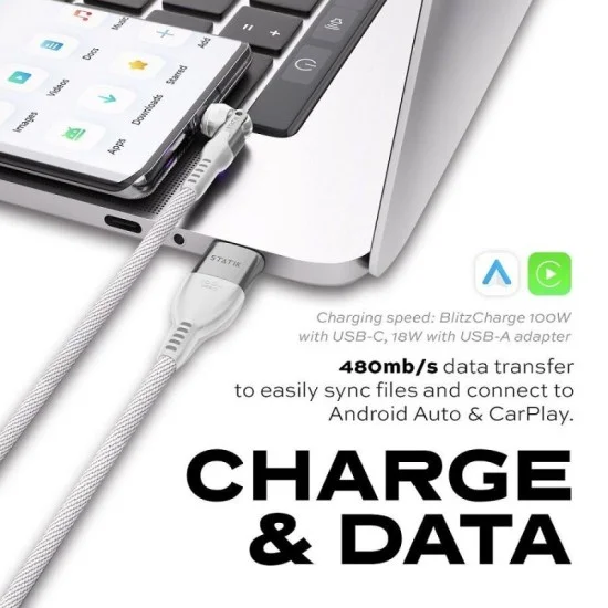 Statik Powerpivot Pro 100W Nylon Braided C-C Cable 90cm - White